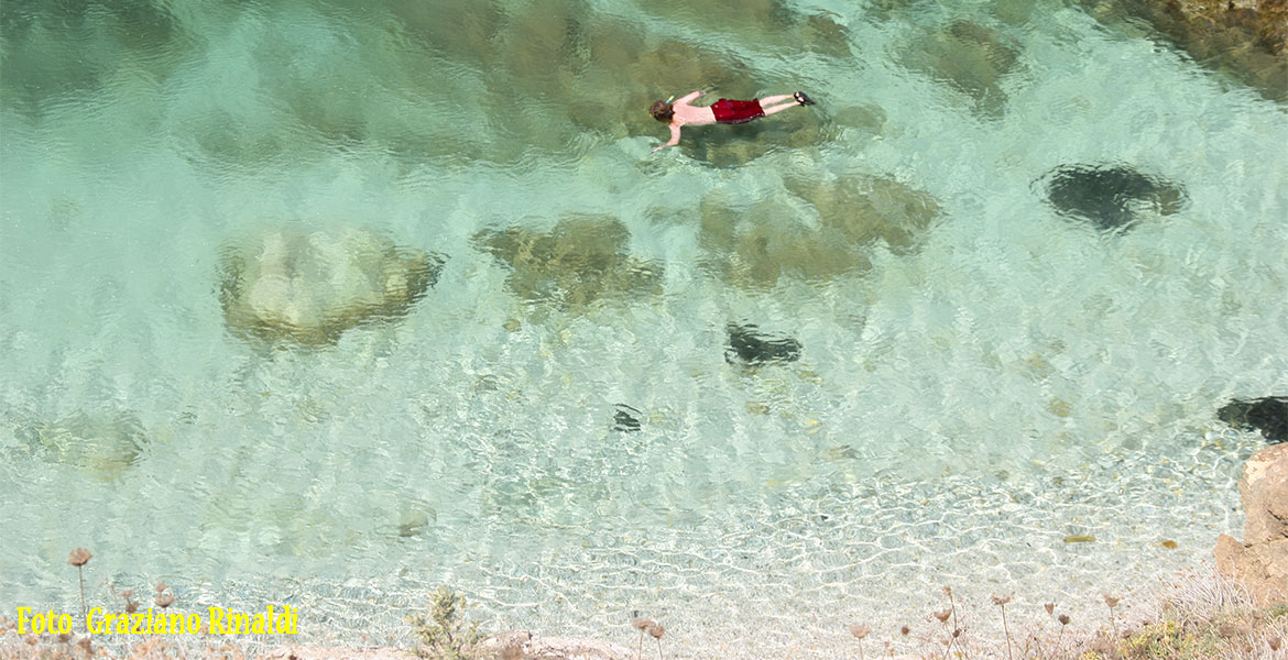 Spiagge Isola d'Elba_Spiaggia di Sansone_giovane con costume rosso che nuota tra la Sorgente e Sansone